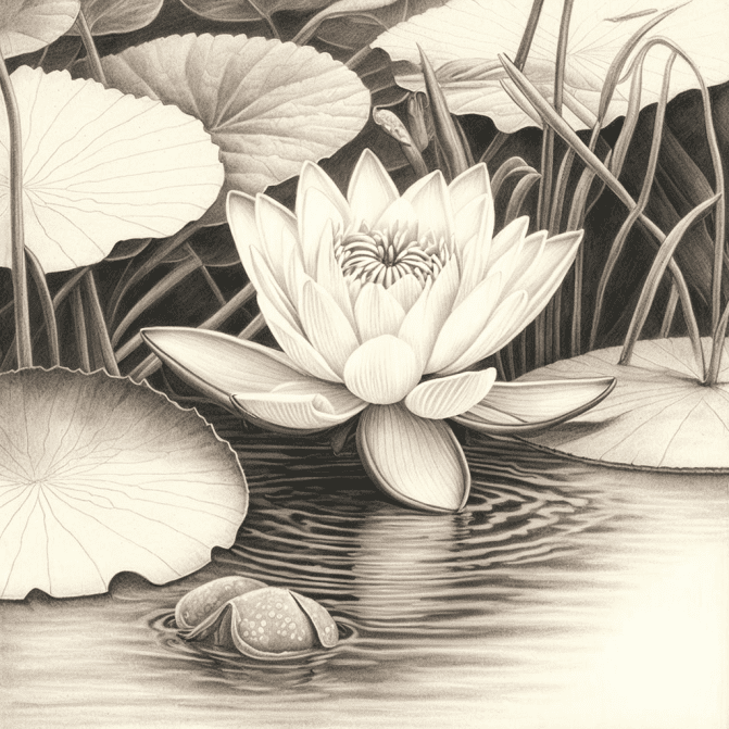 Input: lotus flower, in a lake, drawn with pencil